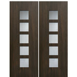 Modern Fiberglass Double Doors with Square Glass Panels, Mahogany Wood Grain Texture 