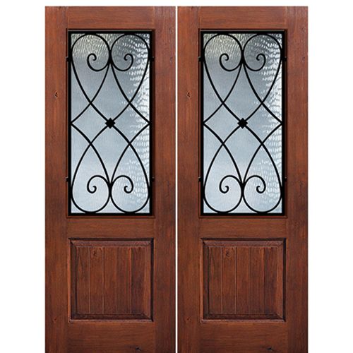 1 Panel 2/3 Lite Charleston, Knotty Alder Wood Grain Fiberglass Double Entry Door