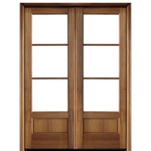 3-Lite TDL Mahogany Double Entry Door with Clear Beveled Low-E Glass