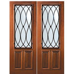 8'-0" Tall Mahogany 2/3 Lite Double Doors with La Salle Wrought Iron Grille