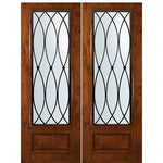 8'-0" Tall Knotty Alder 3/4 Lite Double Doors with La Salle Wrought Iron Grille