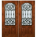 6'-8" Tall Knotty Alder Arch Lite Double Doors with Barcelona Wrought Iron Grille