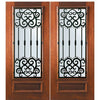 6'-8" Tall Mahogany 3/4 Lite Double Doors with Barcelona Wrought Iron Grille