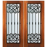 6'-8" Tall Mahogany Full Lite Double Doors with Barcelona Wrought Iron Grille