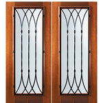 6'-8" Tall Mahogany Full Lite Double Doors with Warwick Wrought Iron Grille