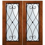 6'-8" Tall Knotty Alder Full Lite Double Doors with Charleston Wrought Iron Grille