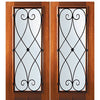 6'-8" Tall Mahogany Full Lite Double Doors with Charleston Wrought Iron Grille