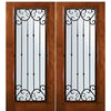 6'-8" Tall Knotty Alder Full Lite Double Doors with Valencia Wrought Iron Grille