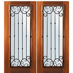 6'-8" Tall Mahogany Full Lite Double Doors with Valencia Wrought Iron Grille