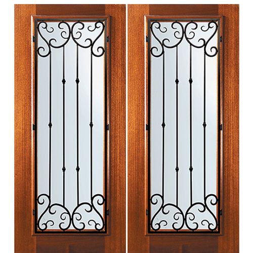 6'-8" Tall Mahogany Full Lite Double Doors with Valencia Wrought Iron Grille