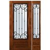 6'-8" Tall Knotty Alder 3/4 Lite Door and One Sidelite with Valencia Wrought Iron Grille