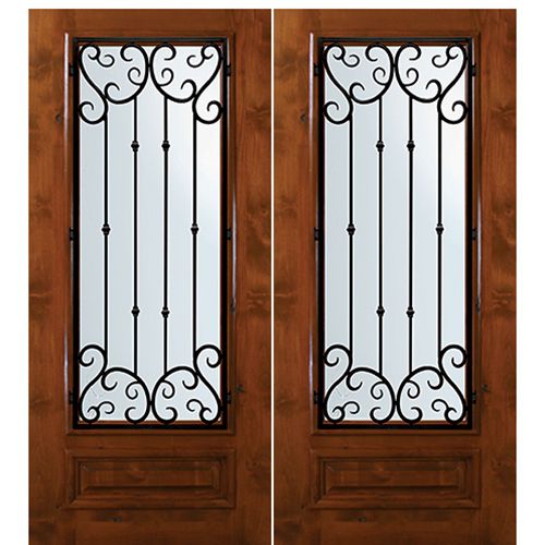 6'-8" Tall Knotty Alder 3/4 Lite Double Doors with Valencia Wrought Iron Grille