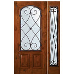 6'-8" Tall Knotty Alder Arch Lite Door and One Sidelite with Charleston Wrought Iron Grille