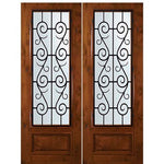 8'-0" Tall Knotty Alder 3/4 Lite Double Doors with St. Charles Wrought Iron Grille