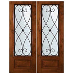 8'-0" Tall Knotty Alder 3/4 Lite Double Doors with Charleston Wrought Iron Grille