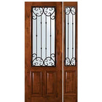 8'-0" Tall Knotty Alder 2/3 Lite Door and One Sidelite with Valencia Wrought Iron Grille