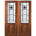 8'-0" Tall Mahogany 2/3 Lite Double Doors with Texan Lone Star Wrought Iron Grille