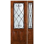 8'-0" Tall Knotty Alder 2/3 Lite Door and One Sidelite with Charleston Wrought Iron Grille