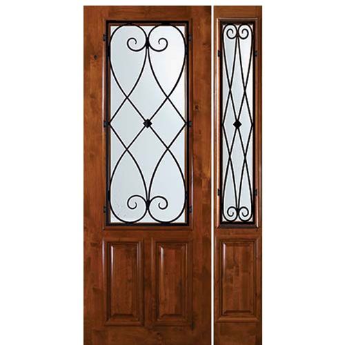 8'-0" Tall Knotty Alder 2/3 Lite Door and One Sidelite with Charleston Wrought Iron Grille