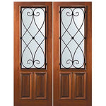 8'-0" Tall Mahogany 2/3 Lite Double Doors with Charleston Wrought Iron Grille