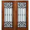 6'-8" Tall Knotty Alder Full Lite Double Doors with Barcelona Wrought Iron Grille