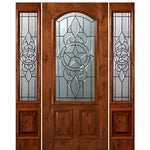 6'-8" Arch Lite Knotty Alder Wood Entry Door and Two Sidelites with Brazos Decorative Glass