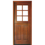 Pre-hung 8'-0" Tall 6 Lite Square Glass Top Mahogany Dutch Door with 2 Panel Vertical Bottom Panel
