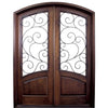 Pre-hung 8-0" Tall Arch Top Mahogany Double Entry Doors with Arched Glass Panels and Decorative Wrought Iron Grille
