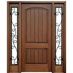 36"x80" 2-Panel V-Grooved Mahogany Entry Door and Two Full Lite Sidelites with Decorative Wrought Iron