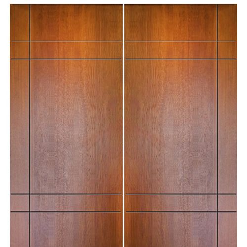 Pair of 80" Tall Modern Mahogany Flush Exterior Doors with 2 Sets of Horizontal Grooves
