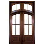 Pre-hung 96" Tall 4 Lite Mahogany Arched Entry Double Doors with 4-Lite Transom