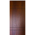 Modern Flush Fiberglass Entry Door with Horizontal and Vertical Grooves, Mahogany Wood Grain Texture 