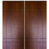 Modern Flush Fiberglass Double Doors with Horizontal and Vertical Grooves, Mahogany Wood Grain Texture 