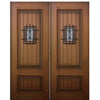 2-Panel Mahogany Grain V-Grooved Fiberglass Double Entry Doors with Speakeasy