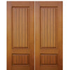 2-Panel Mahogany Grain V-Grooved Fiberglass Double Entry Doors