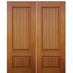 2-Panel Mahogany Grain V-Grooved Fiberglass Double Entry Doors