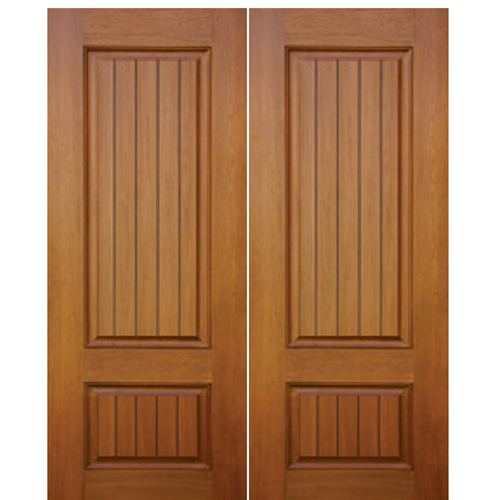 2-Panel Mahogany Grain V-Grooved Fiberglass Double Entry Doors
