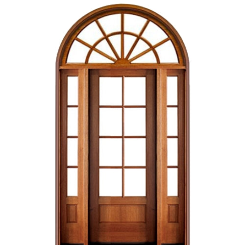 36"x96" 8-Lite TDL Mahogany Wood Entry Door with Two Sidelites and Round Top Transom