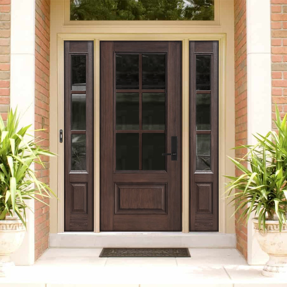 1 Panel 6 Lite SDL-1-2 | 3/4 Lite 1 Panel 6 Lite SDL, Fiberglass Entry Door with Two Sidelites