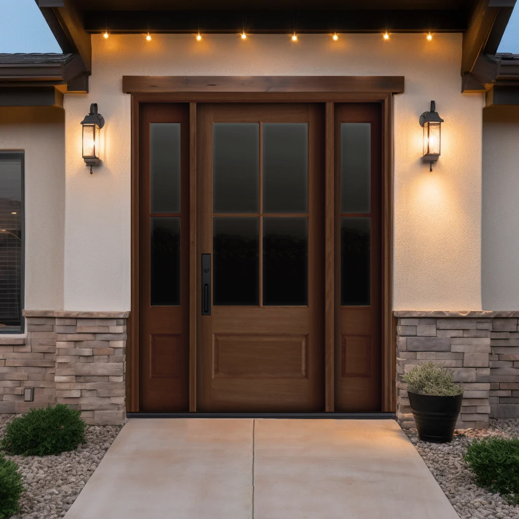 7221-1-1SL121 | 4 Lite 1 Panel Mahogany TDL Entry Door and a 14" 2-Lite Sidelite with Insulated, Beveled Glass