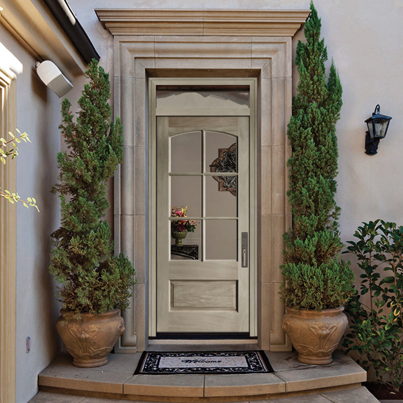 7231ST | 6 Lite 1 Panel Mahogany TDL Door with Top Rail Arch and Insulated, Beveled Glass