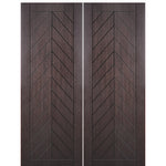 Flush Fiberglass Entry Double Door with Modern Chevron Design, Mahogany Wood Grain Skin