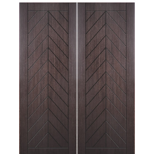 Flush Fiberglass Entry Double Door with Modern Chevron Design, Mahogany Wood Grain Skin