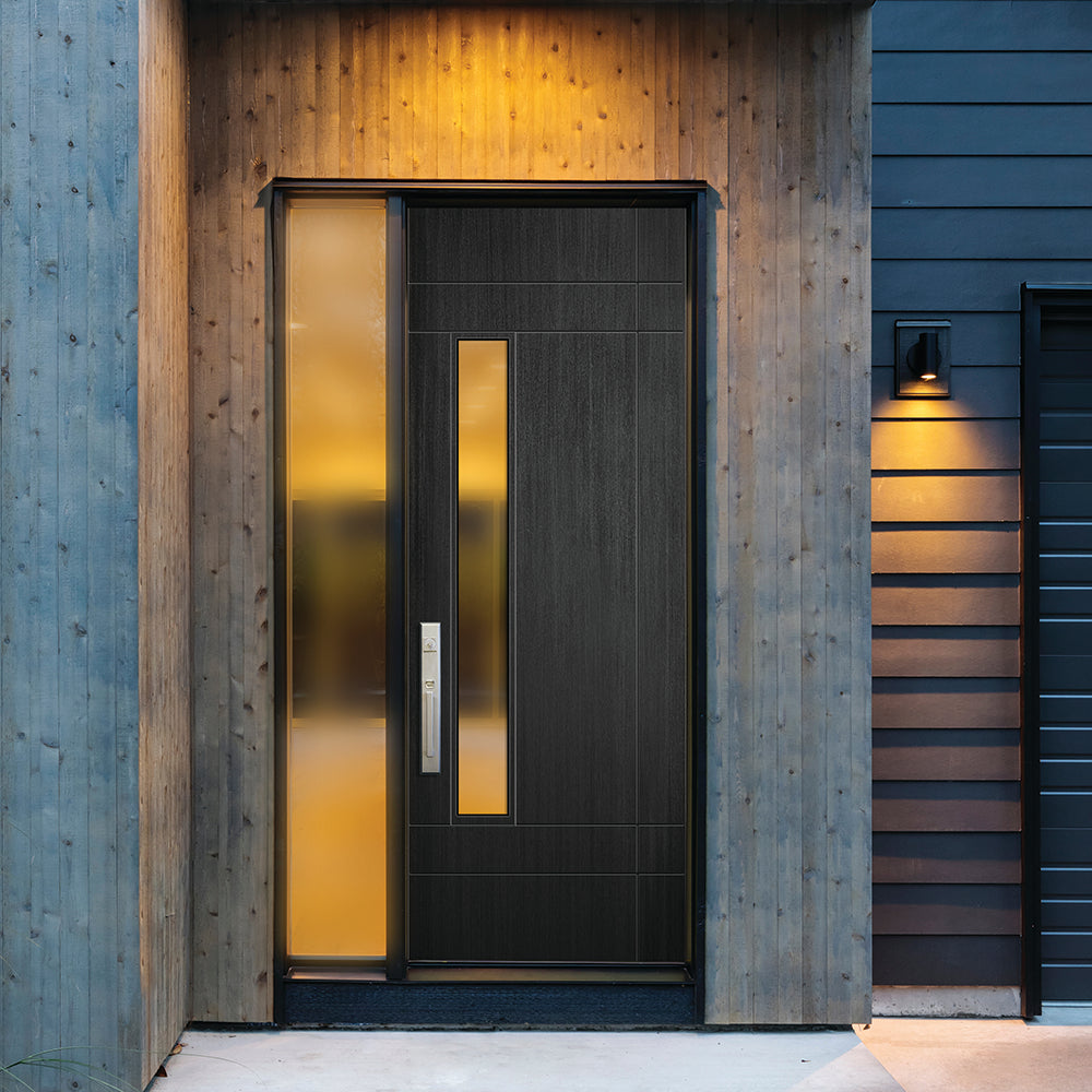 Santa Barbara FG | Prehung  Modern Fiberglass Door with Vertical Glass Panel, Mahogany Wood Grain Texture