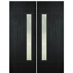 Prehung  Modern Fiberglass Double Doors with Vertical Glass Panel, Mahogany Wood Grain Texture 