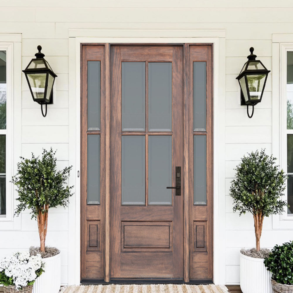 TDL 4-Lite 1 Panel NRM-1-2 | 4-Lite 1-Panel True Divided Lite (TDL) Mahogany Wood Entry Door with Two Sidelites