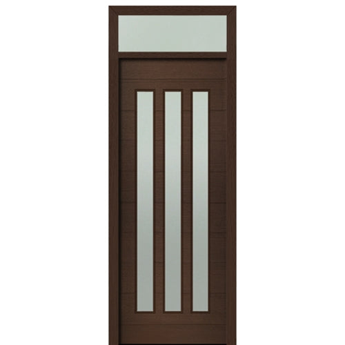Prehung 36" X 96" Tall Flores 3 Lite Vertical Lite Modern Mahogany Entry Door with 12" Transom