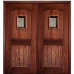 2 Panel V Grooved Arch Speakeasy-2-68 | 80" Tall 2 Panel V Grooved Arched Panel Solid Mahogany Entry Double Door with Speakeasy