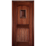 80" Tall 2 Panel V Grooved Arched Panel Solid Mahogany Entry Door with Operable Wood Speakeasy