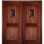80" Tall 2 Panel V Grooved Arched Panel Solid Mahogany Entry Double Door with 
 Operable Wood Speakeasy
